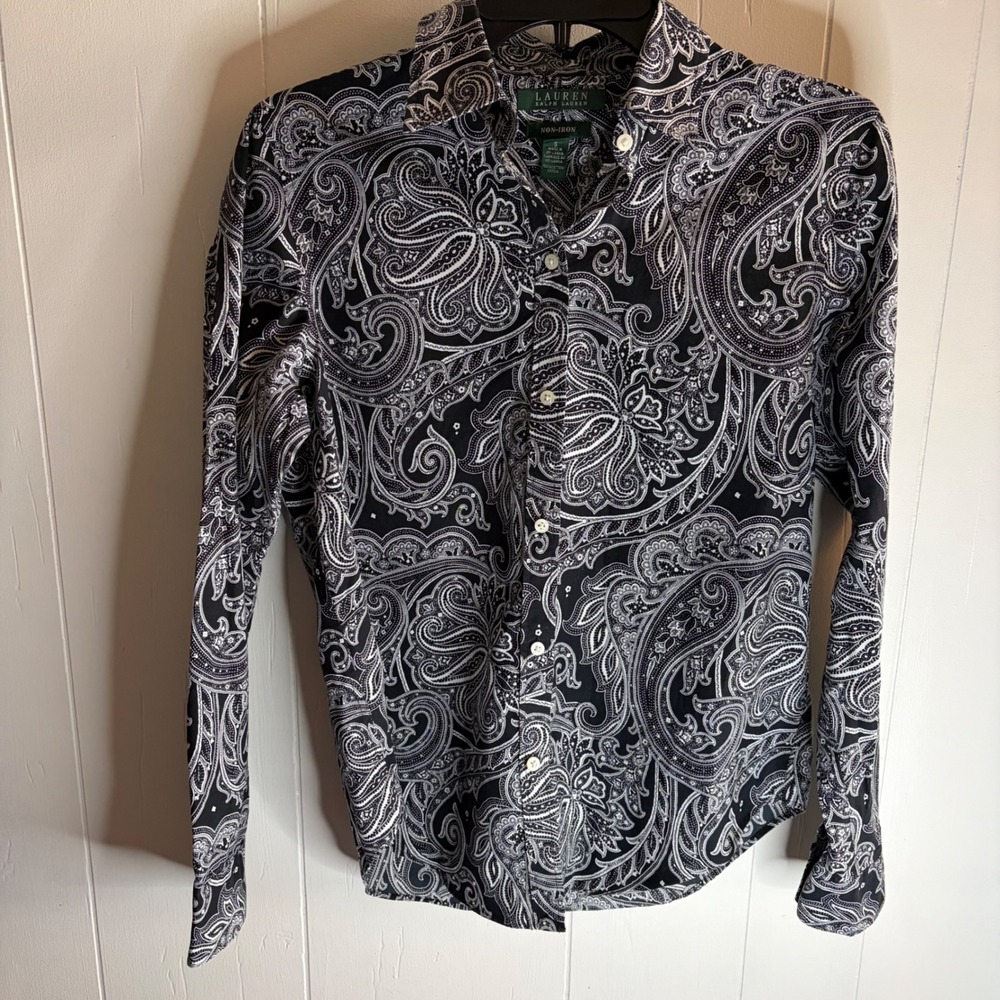 Lauren Ralph Lauren Womens Paisley Button Down Non Iron Cotton Black White S